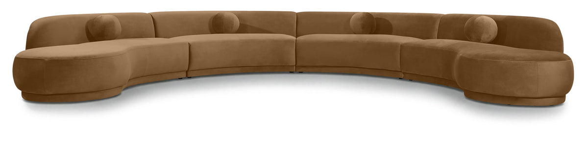 Brown velvet sectional sofa with curved back and cushioned armrests