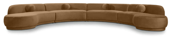 Brown velvet sectional sofa with curved back and cushioned armrests