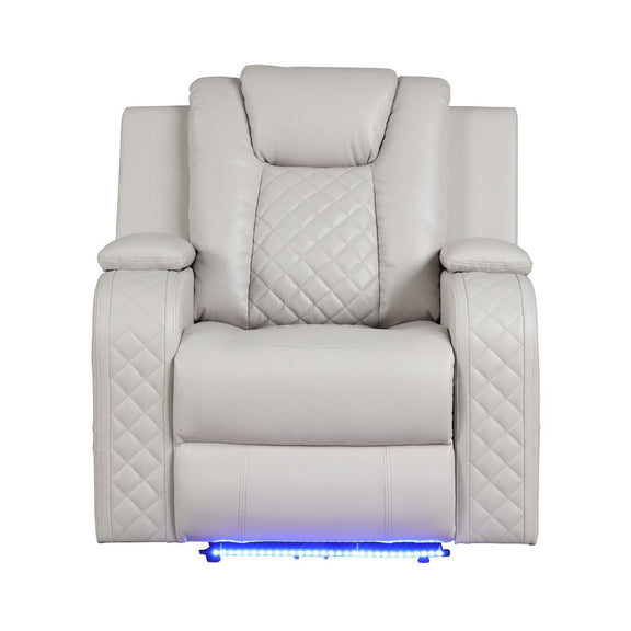 Light beige power recliner chair with adjustable headrest, diamond-quilted padding, built-in LED.