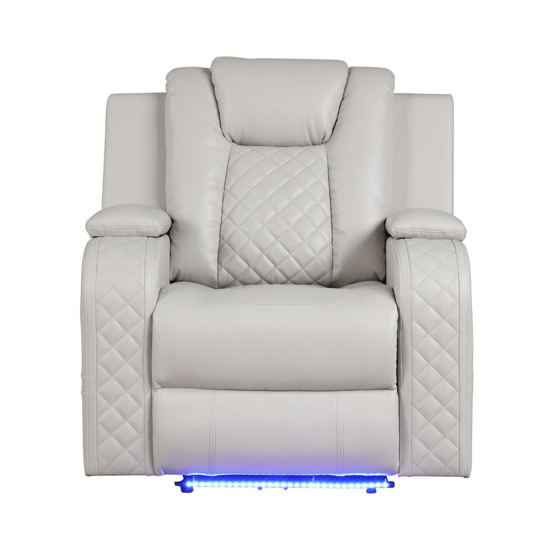 Light beige power recliner chair with adjustable headrest, diamond-quilted padding, built-in LED.