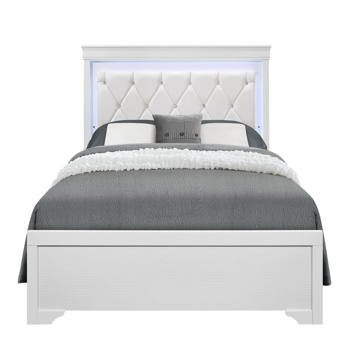 White upholstered bed with button-tufted headboard and dark gray upholstered base