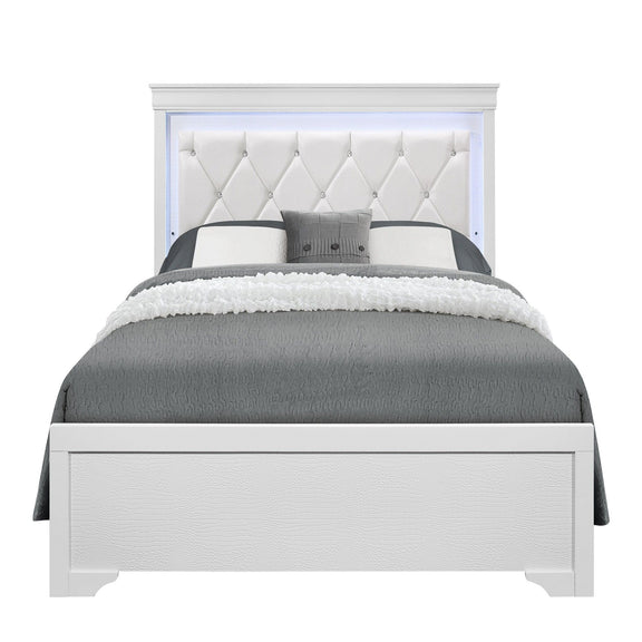White upholstered bed with button-tufted headboard and dark gray upholstered base