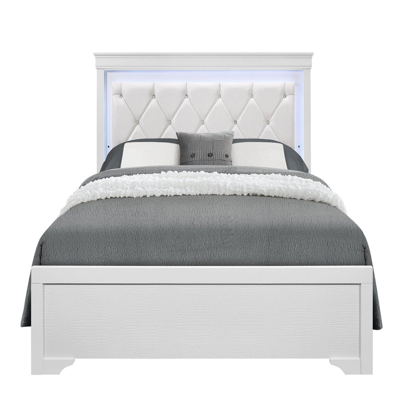 White upholstered bed with button-tufted headboard and dark gray upholstered base