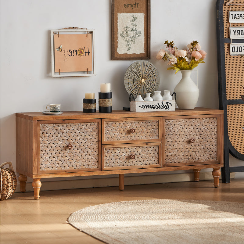 TV Stand Rattan Sliding Doors Open Shelving