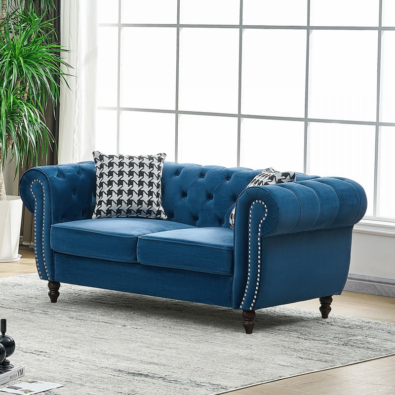 Chesterfield Fabric Sofa With Roll Armrest And Nailhead, Mid Century 2 Seater Couch In