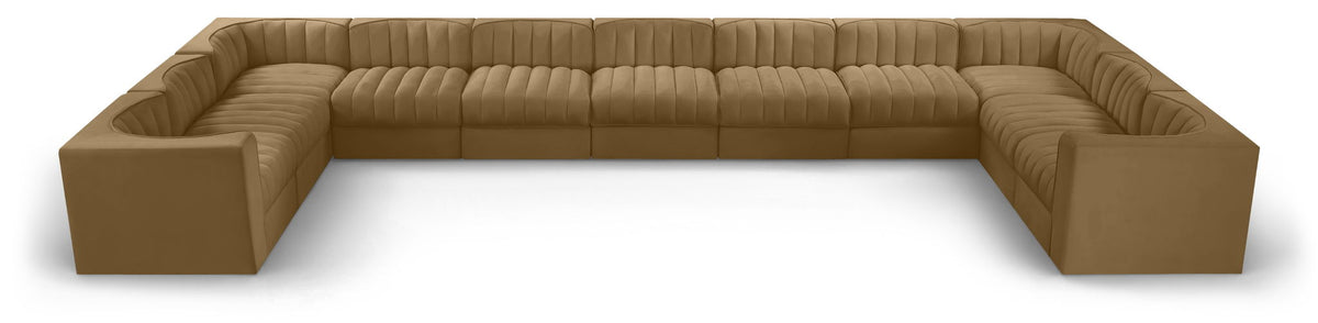 Light brown modular sectional sofa with velvet-look upholstery and tufted cushions