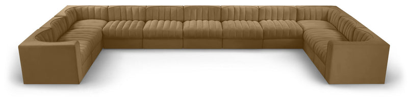 Light brown modular sectional sofa with velvet-look upholstery and tufted cushions