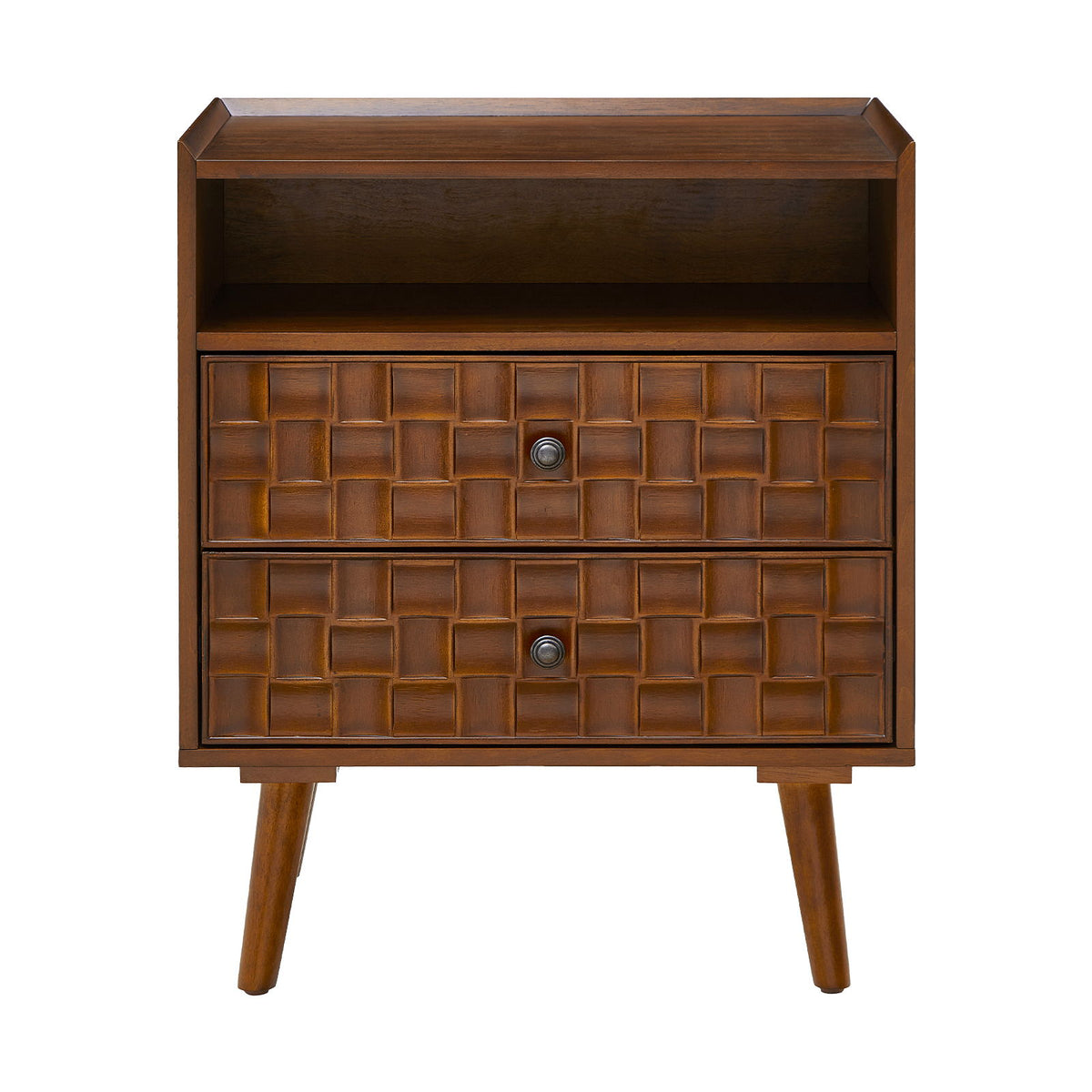 Dark brown two-drawer nightstand with open shelf, raised geometric fronts, and tapered legs