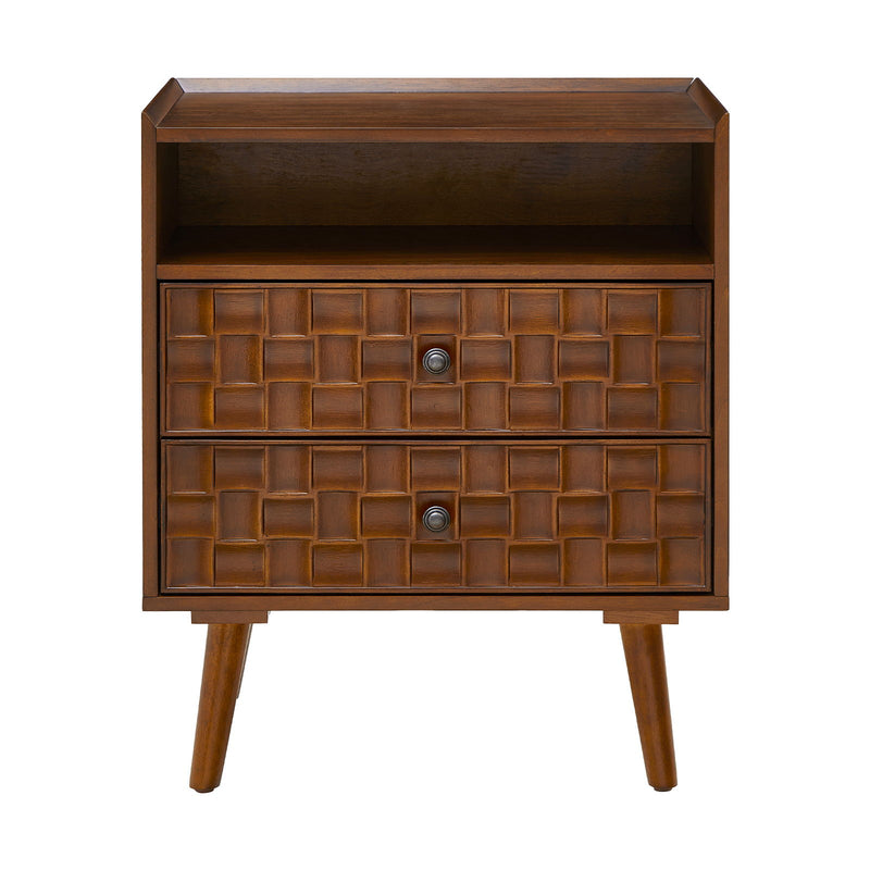Dark brown two-drawer nightstand with open shelf, raised geometric fronts, and tapered legs