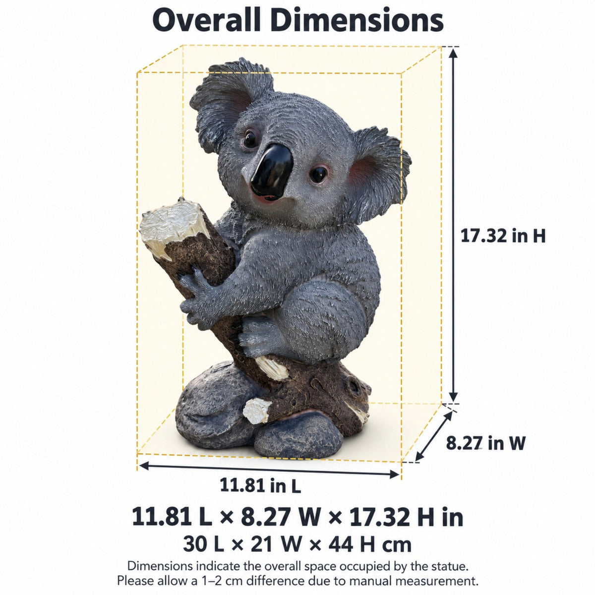 Koala statue with log and stump base, measuring 11.81 by 8.27 by 17.32 inches.