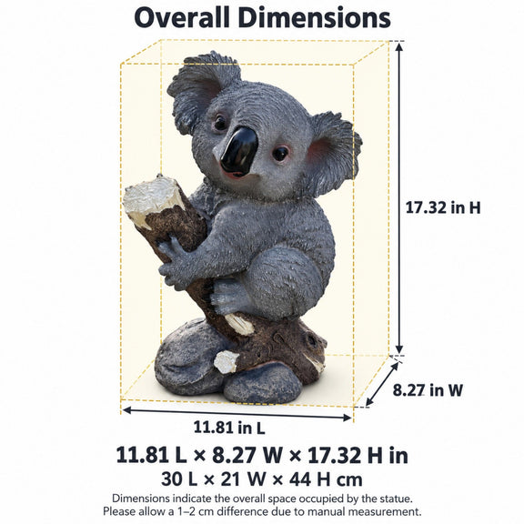 Koala statue with log and stump base, measuring 11.81 by 8.27 by 17.32 inches.