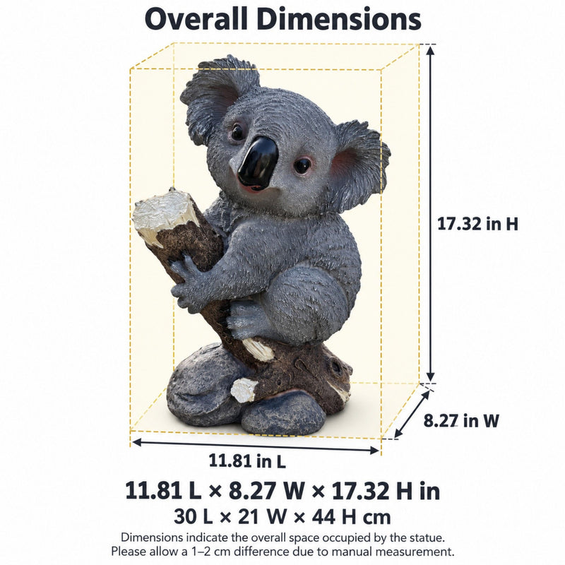 Koala statue with log and stump base, measuring 11.81 by 8.27 by 17.32 inches.