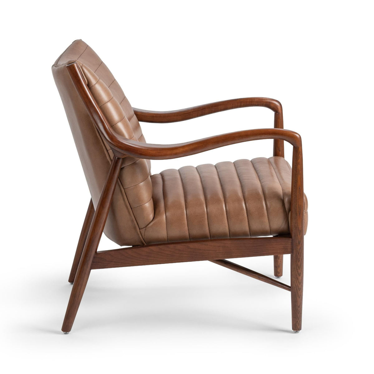 Adobe tan leather club chair with padded seat, curved arms, and slatted back