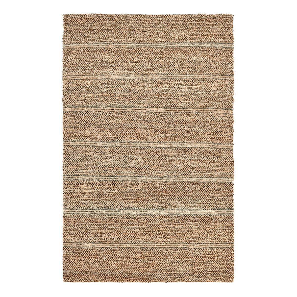 Woven light brown rug with narrow ivory horizontal stripe bands
