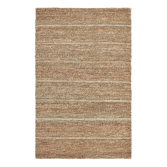 Woven light brown rug with narrow ivory horizontal stripe bands