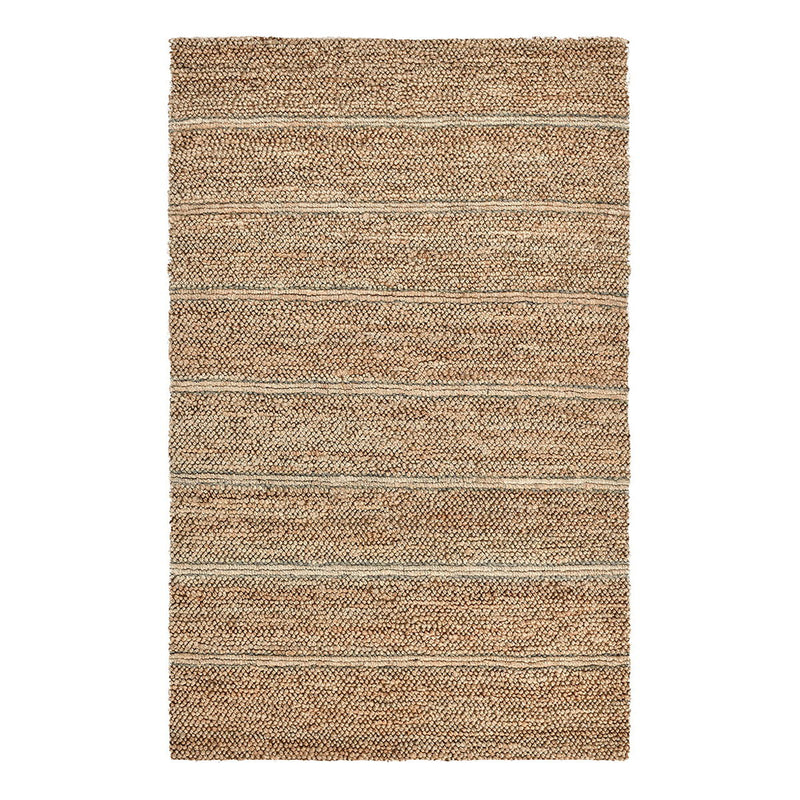 Woven light brown rug with narrow ivory horizontal stripe bands