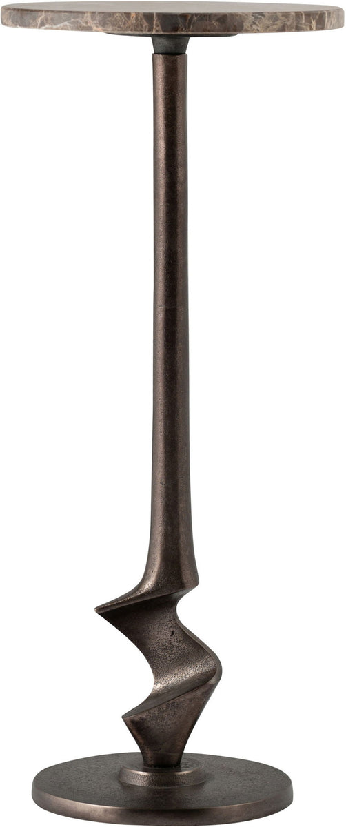 Aluminum end table close-up with marbled round top and dark bronze twisted pedestal