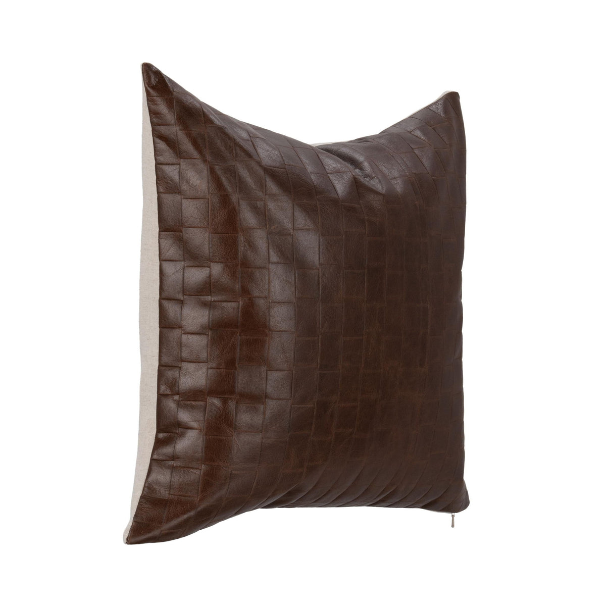Brown leather pillow with quilted grid front and corner stitching detail