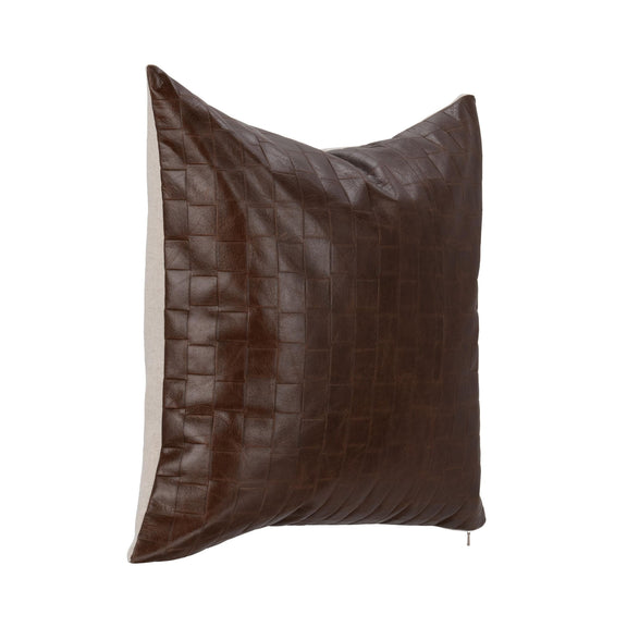 Brown leather pillow with quilted grid front and corner stitching detail