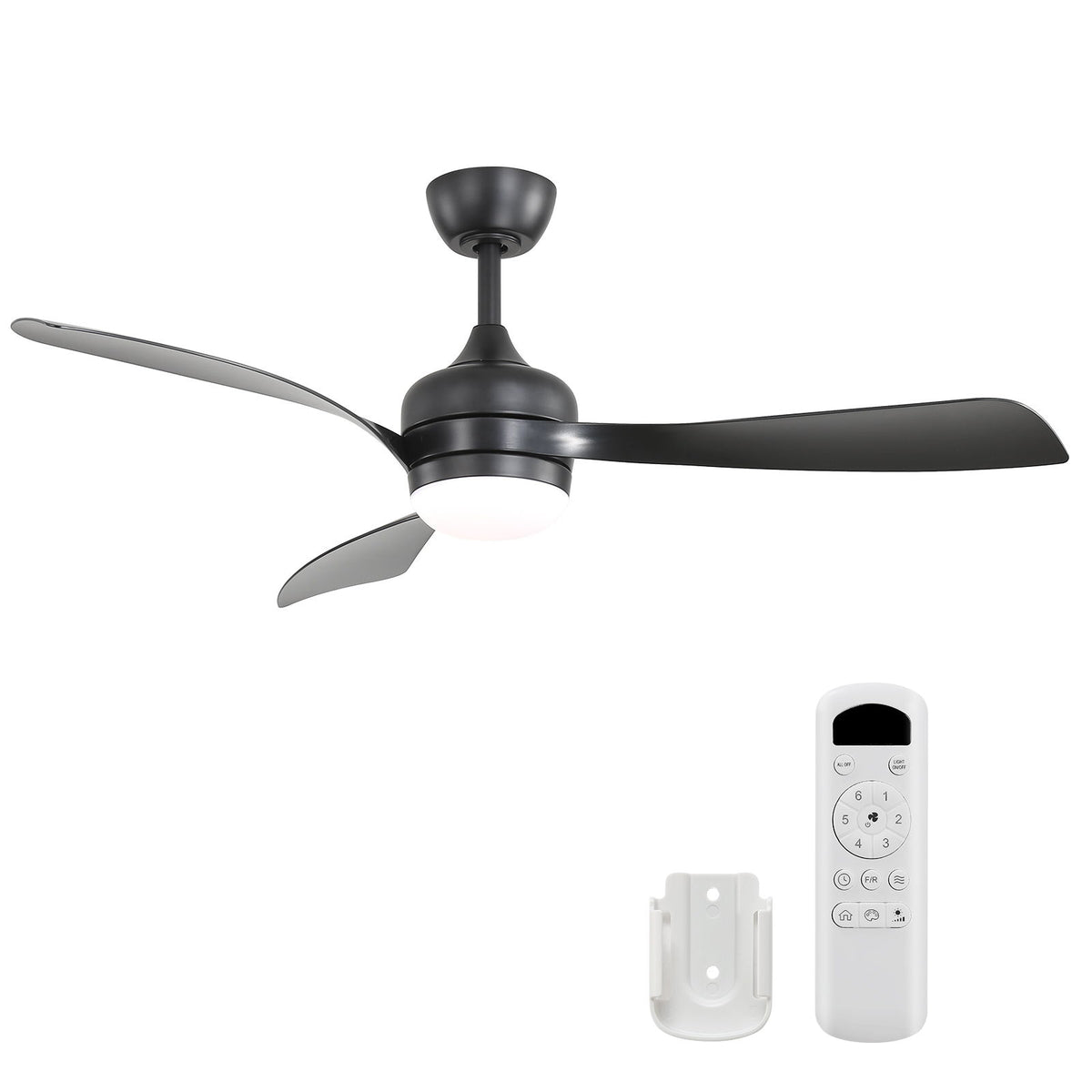 Black ceiling fan with three blades and remote control with wall holder