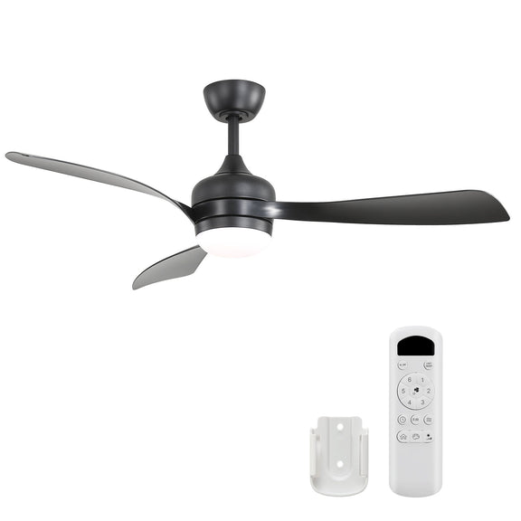 Black ceiling fan with three blades and remote control with wall holder