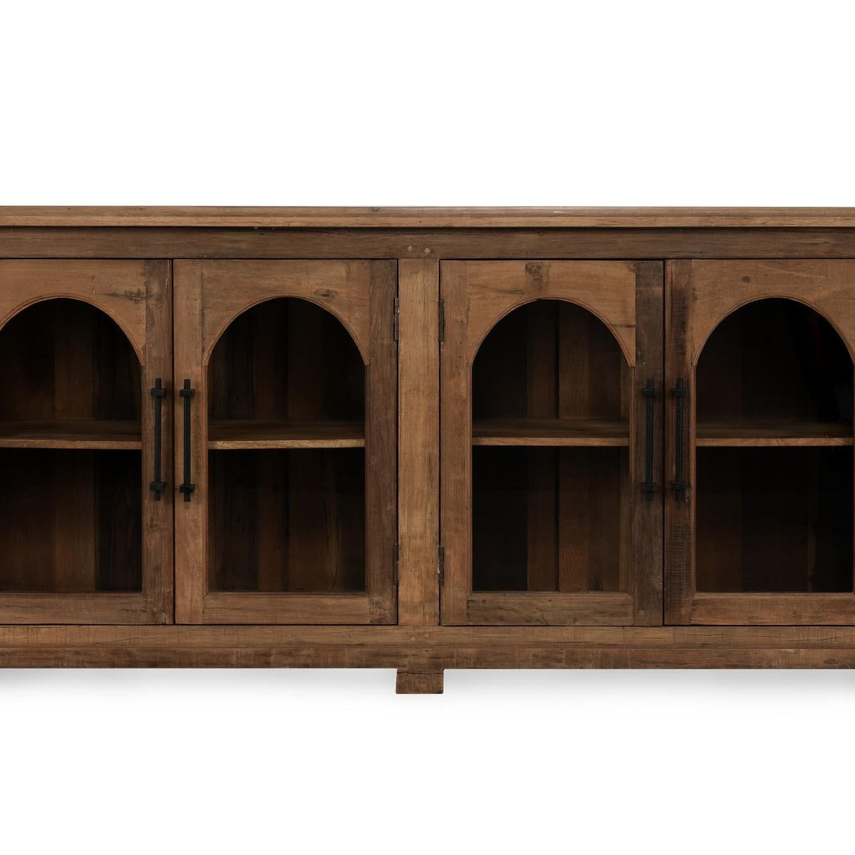 Natural wood 4-door cabinet with arched door openings and recessed shelving.