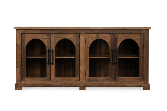 Natural wood 4-door cabinet with arched door openings and recessed shelving.