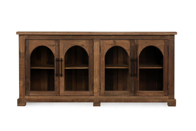 Natural wood 4-door cabinet with arched door openings and recessed shelving.