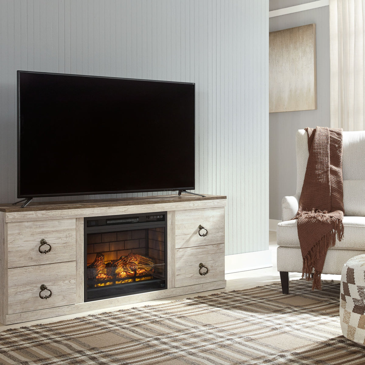 Willowton - Whitewash - 2 Pc. - TV Stand with Faux Firebrick Fireplace Insert