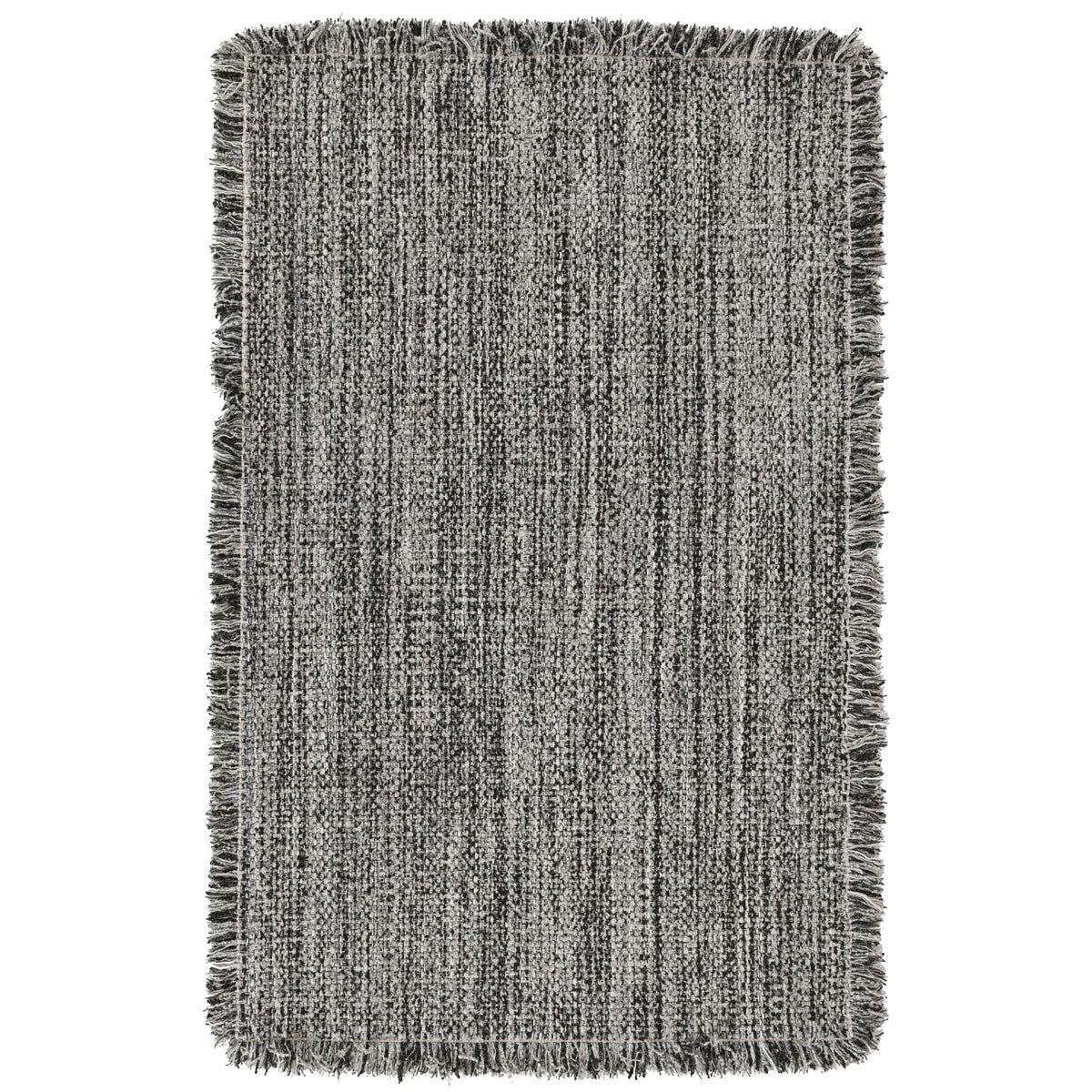 Gray wool rug with short fringed edges and dense woven texture.