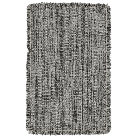 Gray wool rug with short fringed edges and dense woven texture.