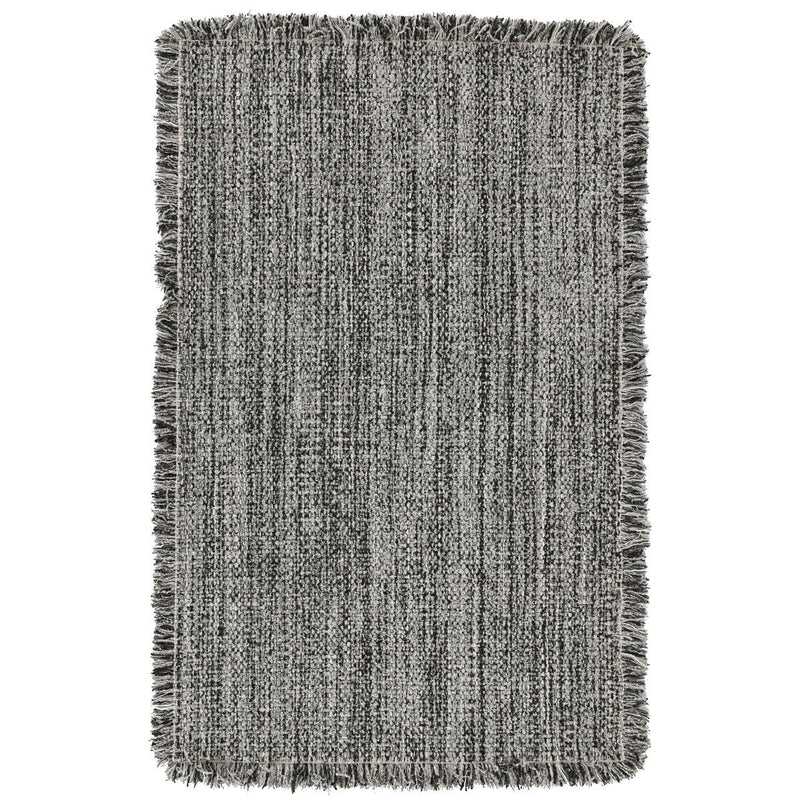 Gray wool rug with short fringed edges and dense woven texture.