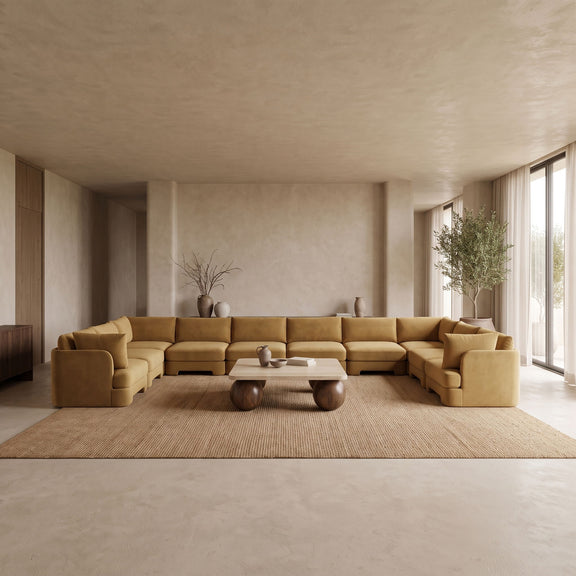 10-piece velvet sectional sofa in beige, modular L-shape with chaise units.