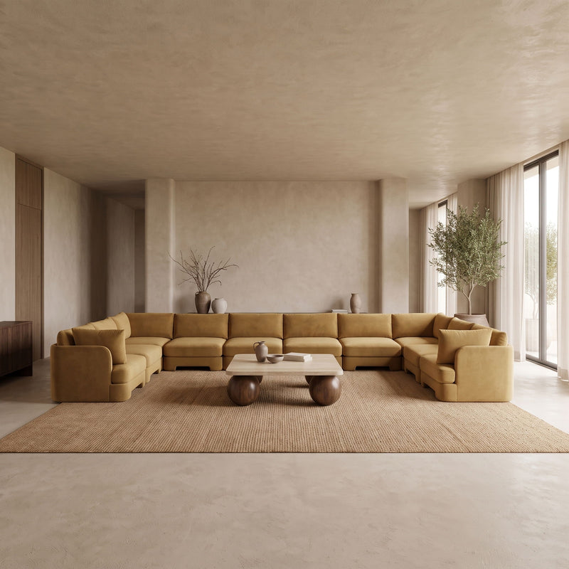 10-piece velvet sectional sofa in beige, modular L-shape with chaise units.