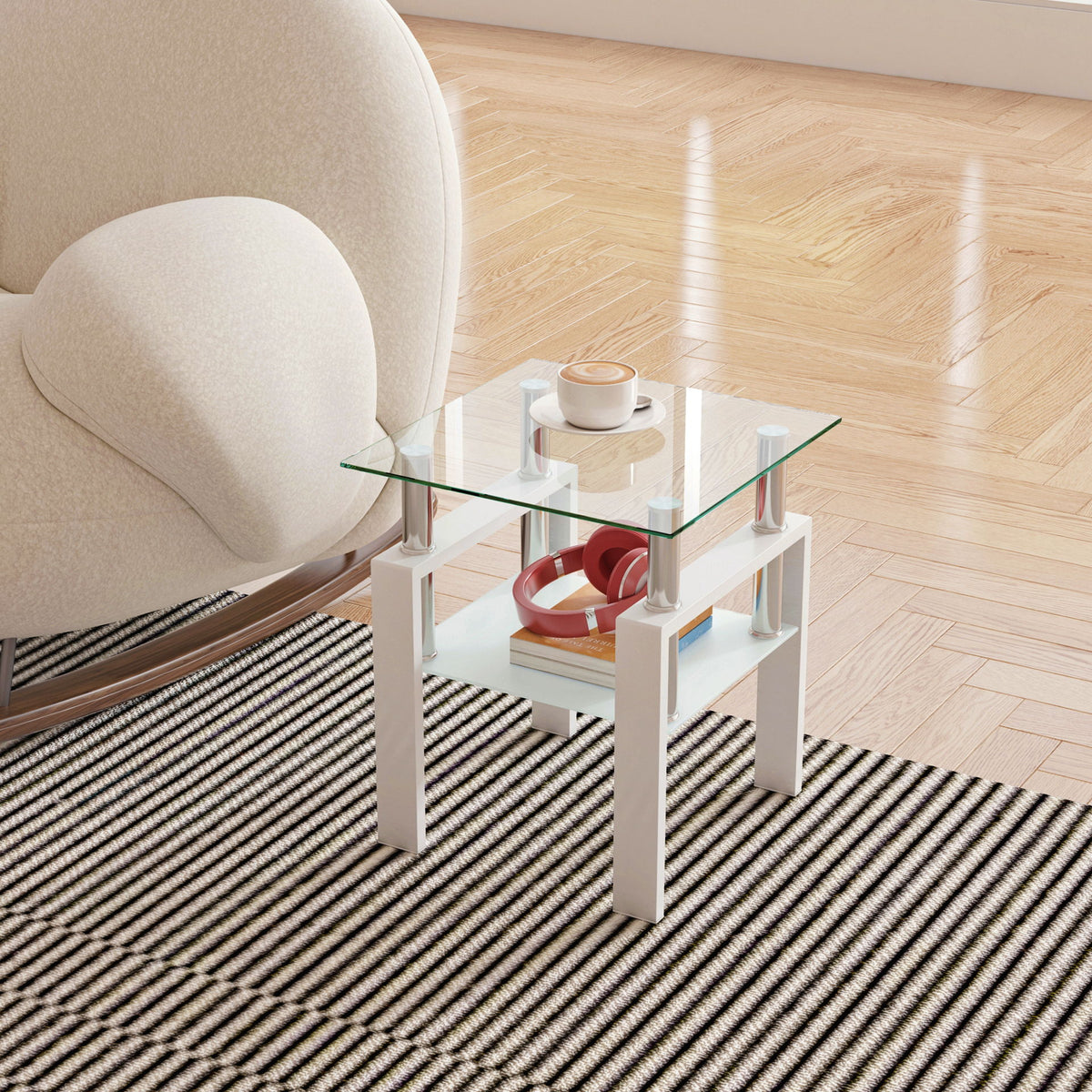 Modern Tempered Glass Tea Table, End Square Table For Living Room