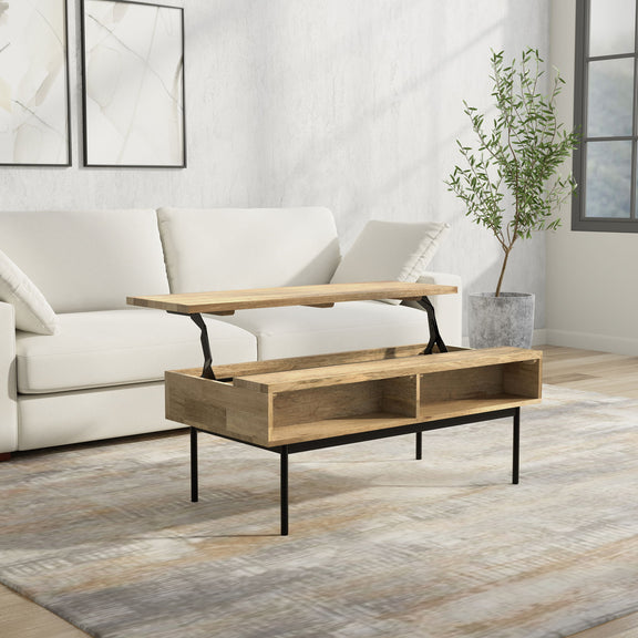 Natural wood lift-top coffee table with black legs and open lift-top storage