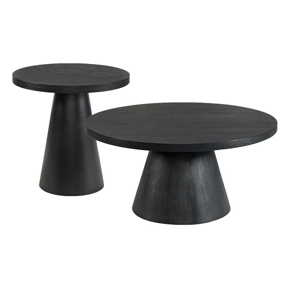 Black round occasional table set with two pedestal tables, dark wood finish.