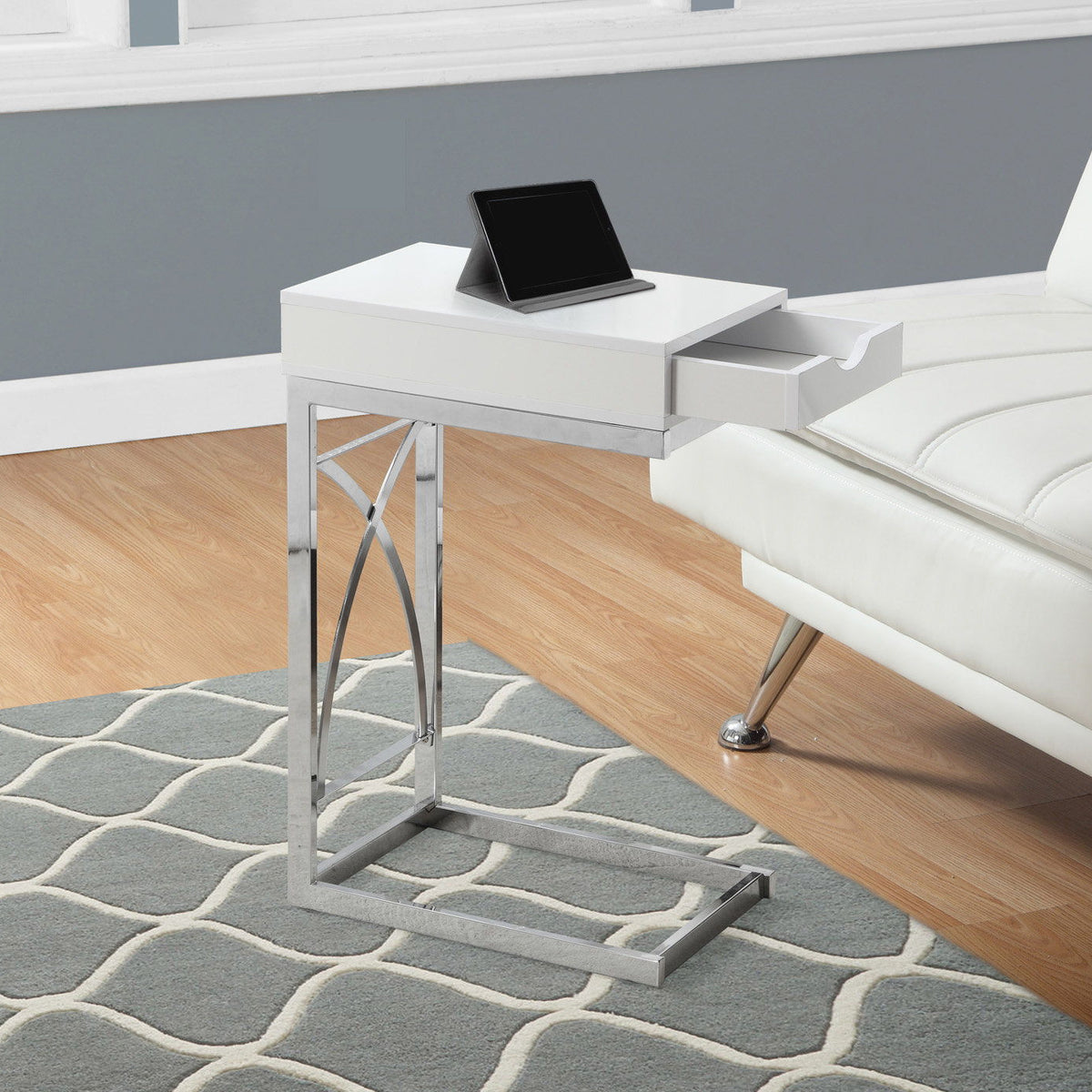 Accent Table, C - Shaped Glossy Contemporary & Modern - White