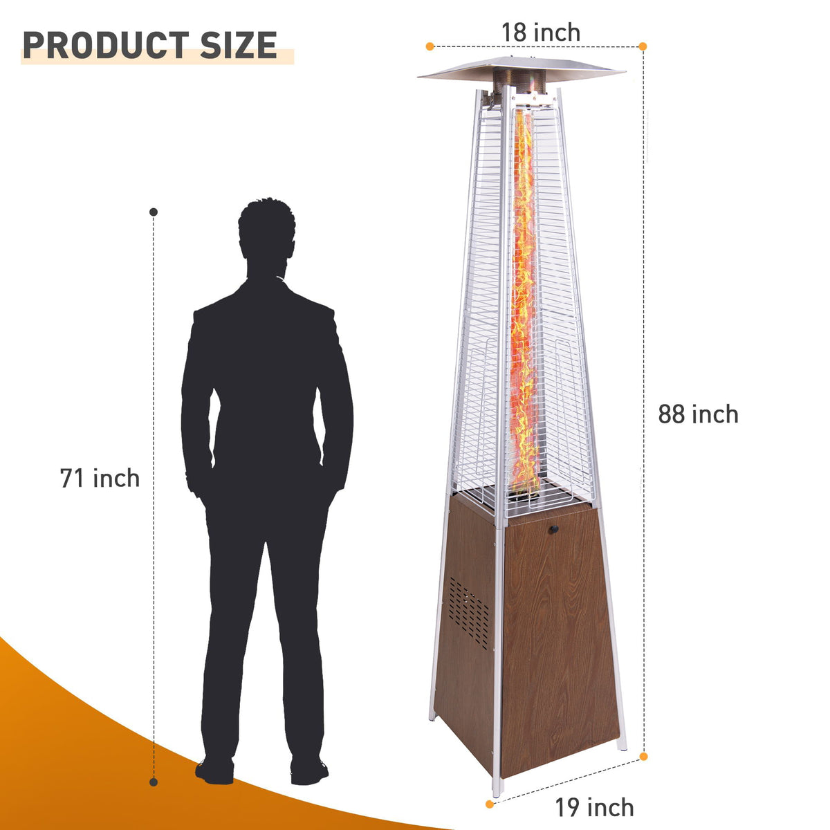 Dark brown patio heater with glowing infrared burner in a tall metal tower