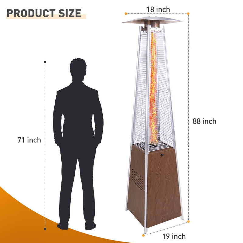 Dark brown patio heater with glowing infrared burner in a tall metal tower