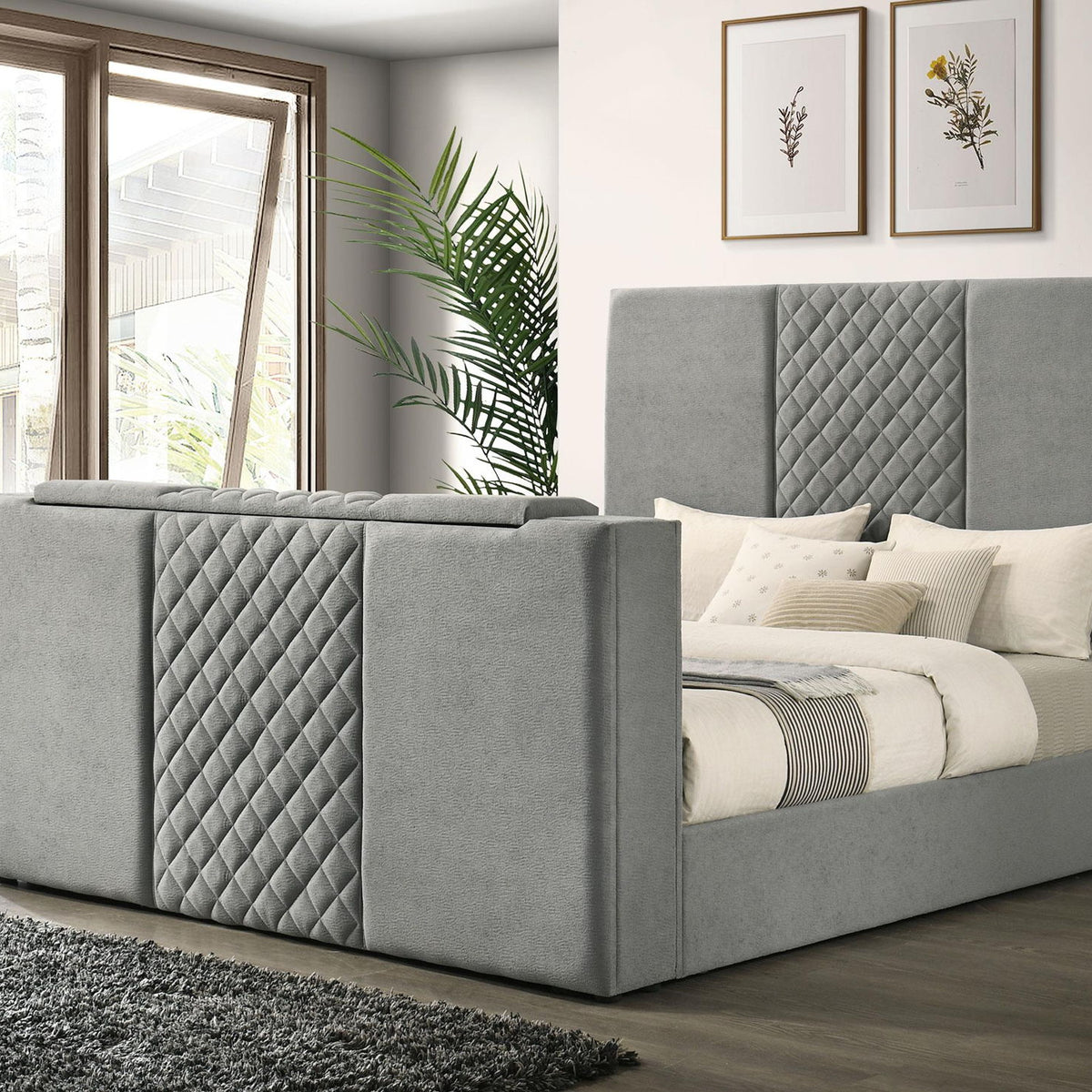 Tara 61-inch Upholstered Eastern King Panel TV Bed Grey