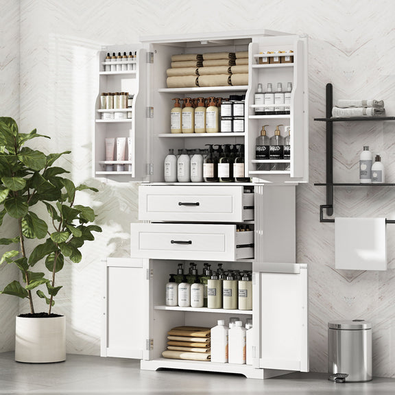 White storage cabinet with open shelves, two drawers, and two door compartments