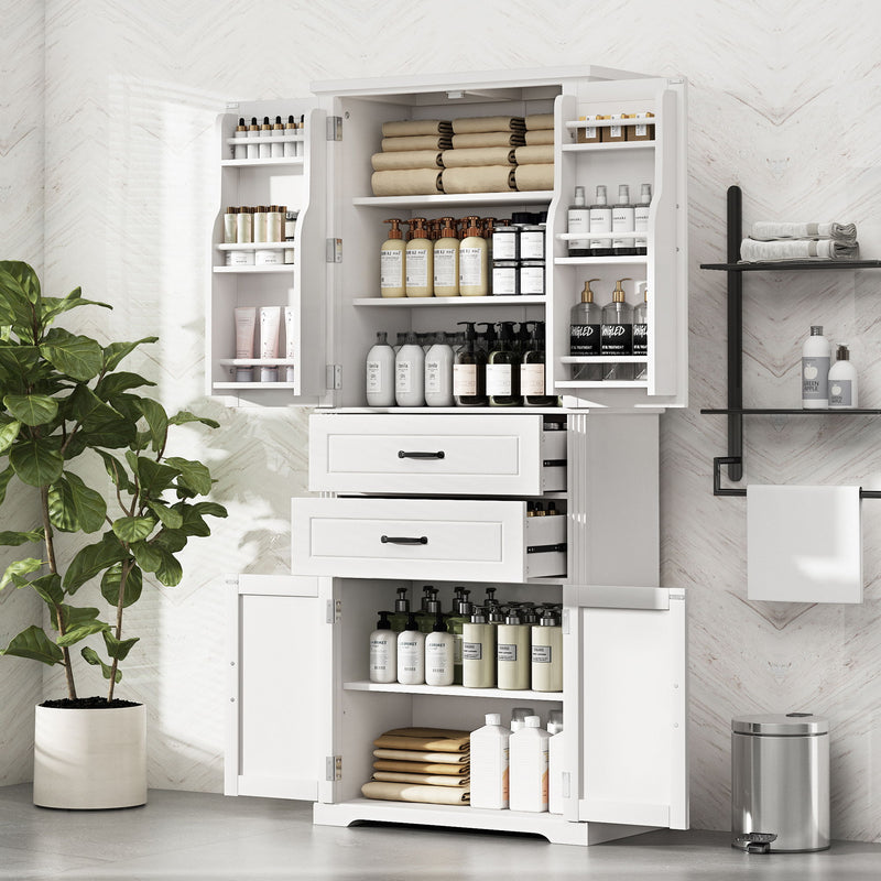 White storage cabinet with open shelves, two drawers, and two door compartments