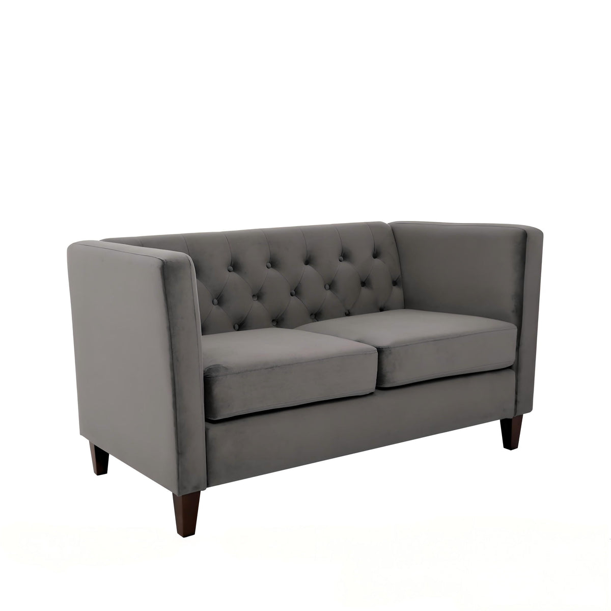 Gray button-tufted loveseat with square arms, two seat cushions, and short legs