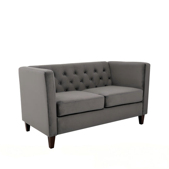 Gray button-tufted loveseat with square arms, two seat cushions, and short legs