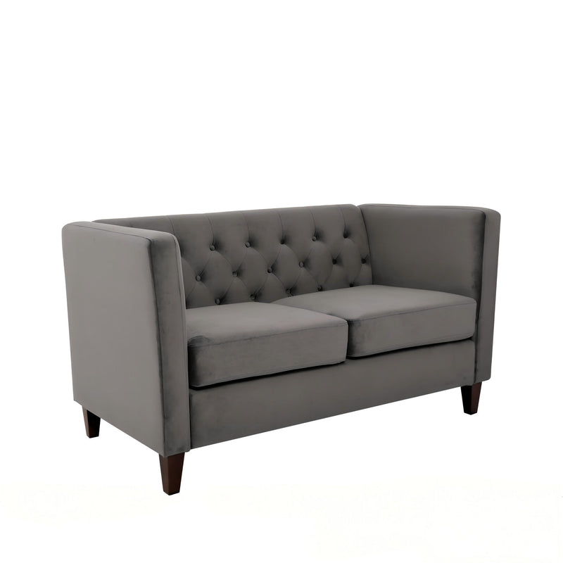 Gray button-tufted loveseat with square arms, two seat cushions, and short legs