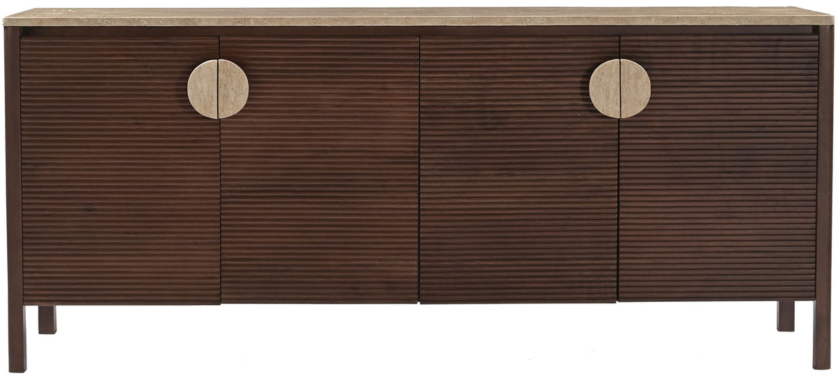 Varenna acacia wood sideboard, dark brown, 4-door front with round knob pulls
