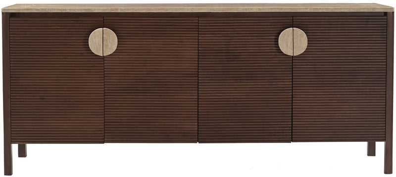 Varenna acacia wood sideboard, dark brown, 4-door front with round knob pulls