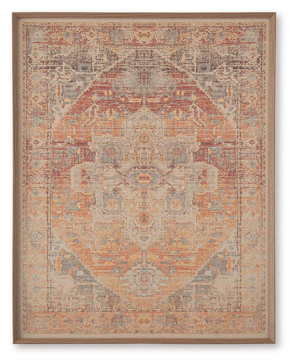 Framed wall art with ornate geometric pattern in red, orange, and blue, full view