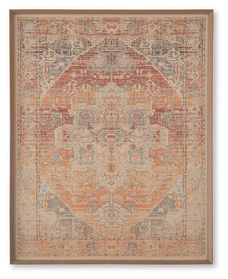 Framed wall art with ornate geometric pattern in red, orange, and blue, full view